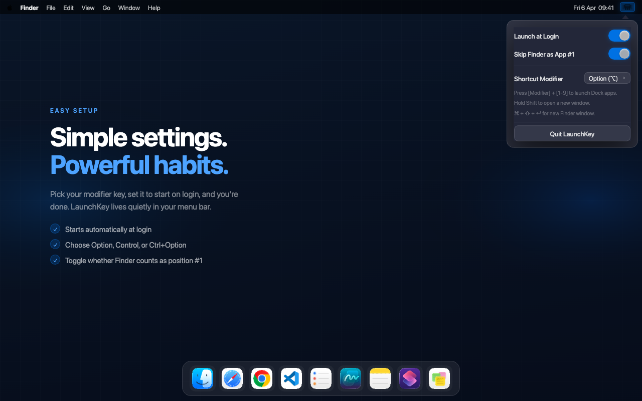 Settings popover — choose your modifier key